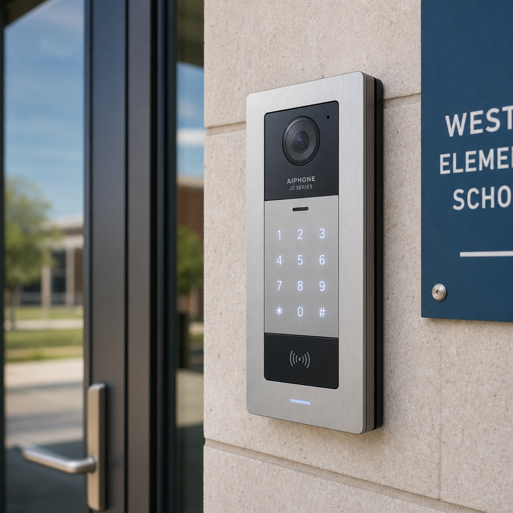 Wireless door entry intercom mounted on school building exterior wall