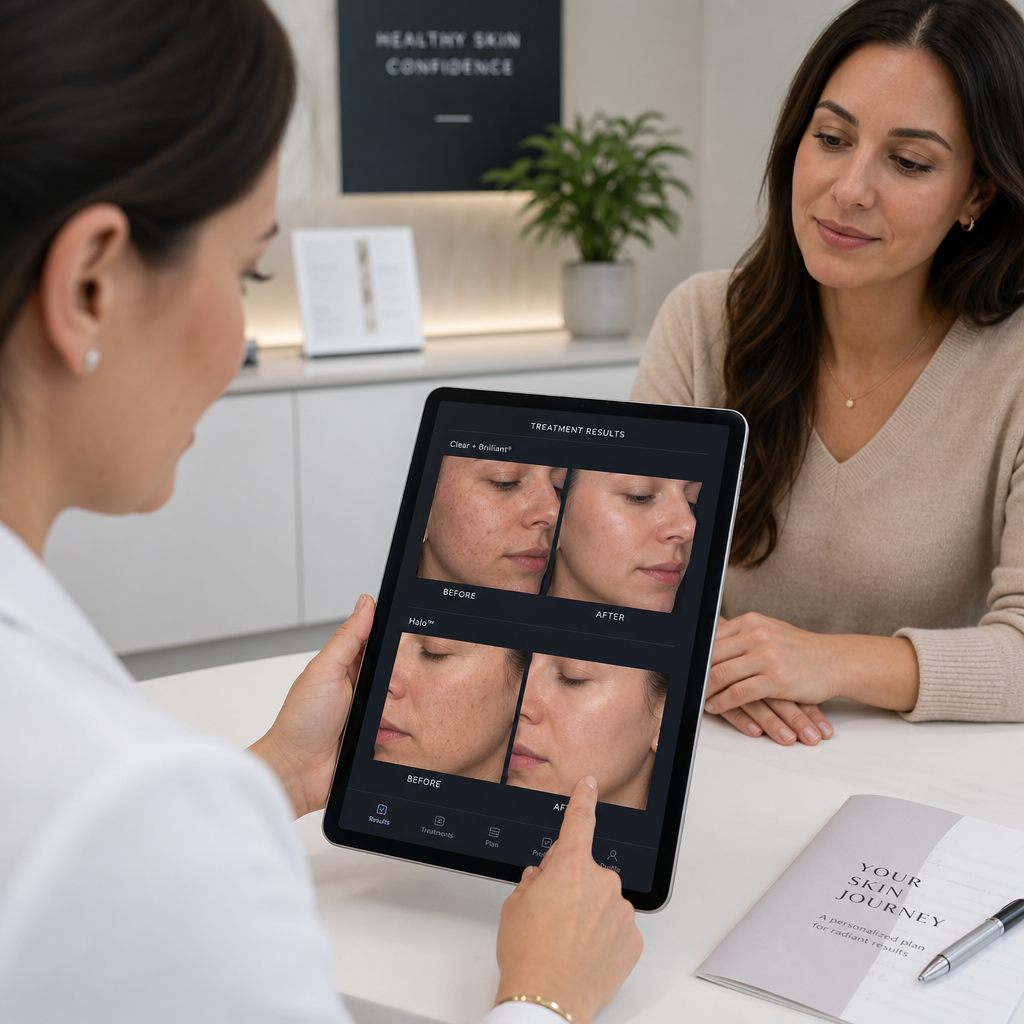 Medical professional and patient reviewing treatment results during a medispa consultation