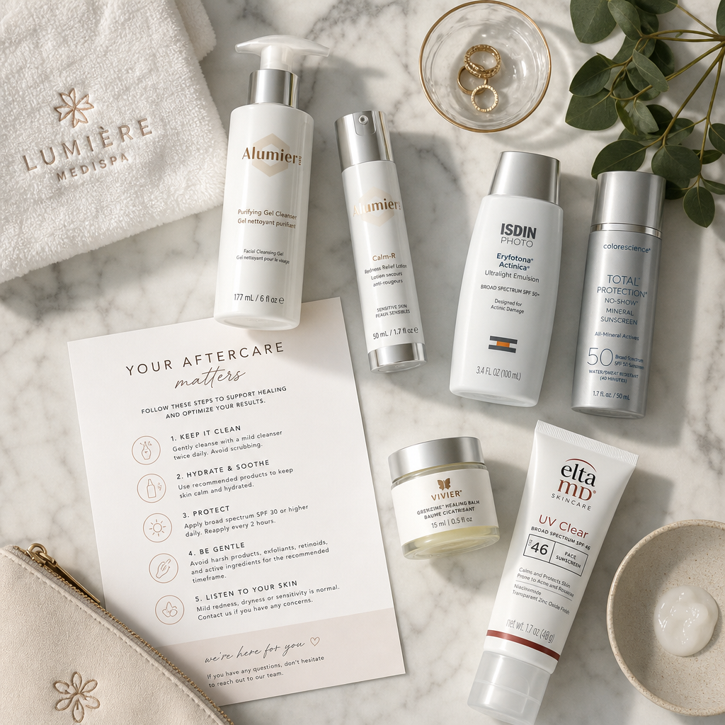 Medispa aftercare products and instructions arranged on marble surface