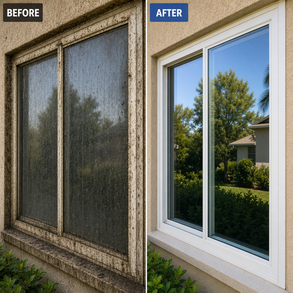 Before and after comparison of dirty and clean residential windows