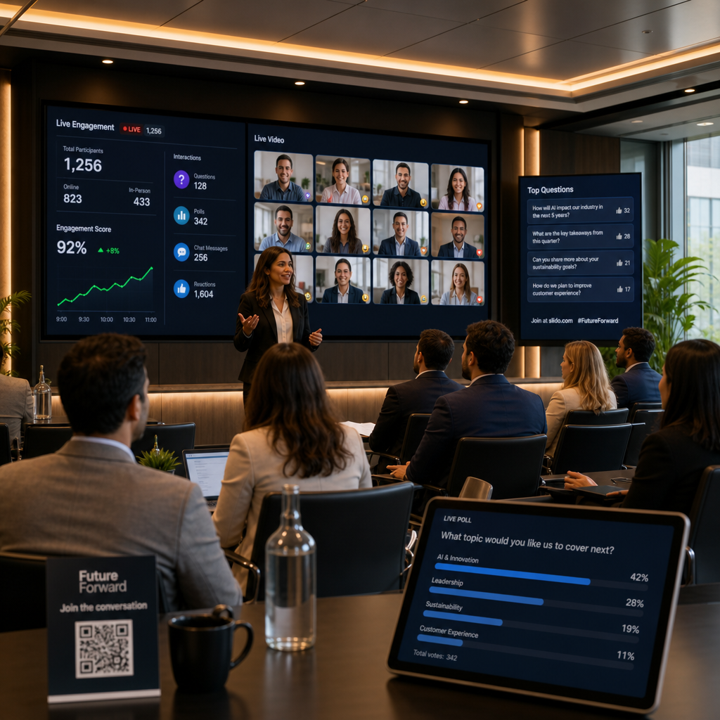 Live streaming dashboard showing real-time audience engagement metrics and multiple video feeds from corporate event participants