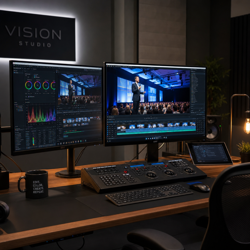 Video editor reviewing and polishing corporate event recording on professional-grade editing workstation with multiple monitors