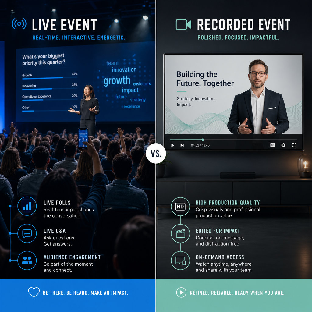 Side-by-side comparison visualization of live streaming versus on-demand recording corporate event formats