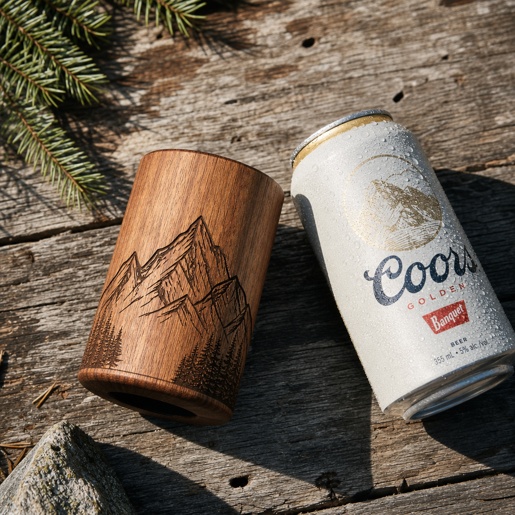 Handcrafted wooden beer can insulator with mountain design displayed on rustic wood surface