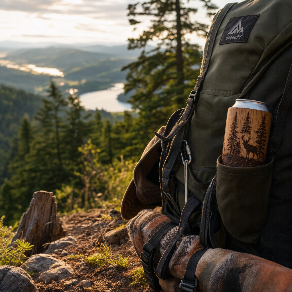 Wooden beer insulator in outdoor hiking backpack during golden hour on mountain trail