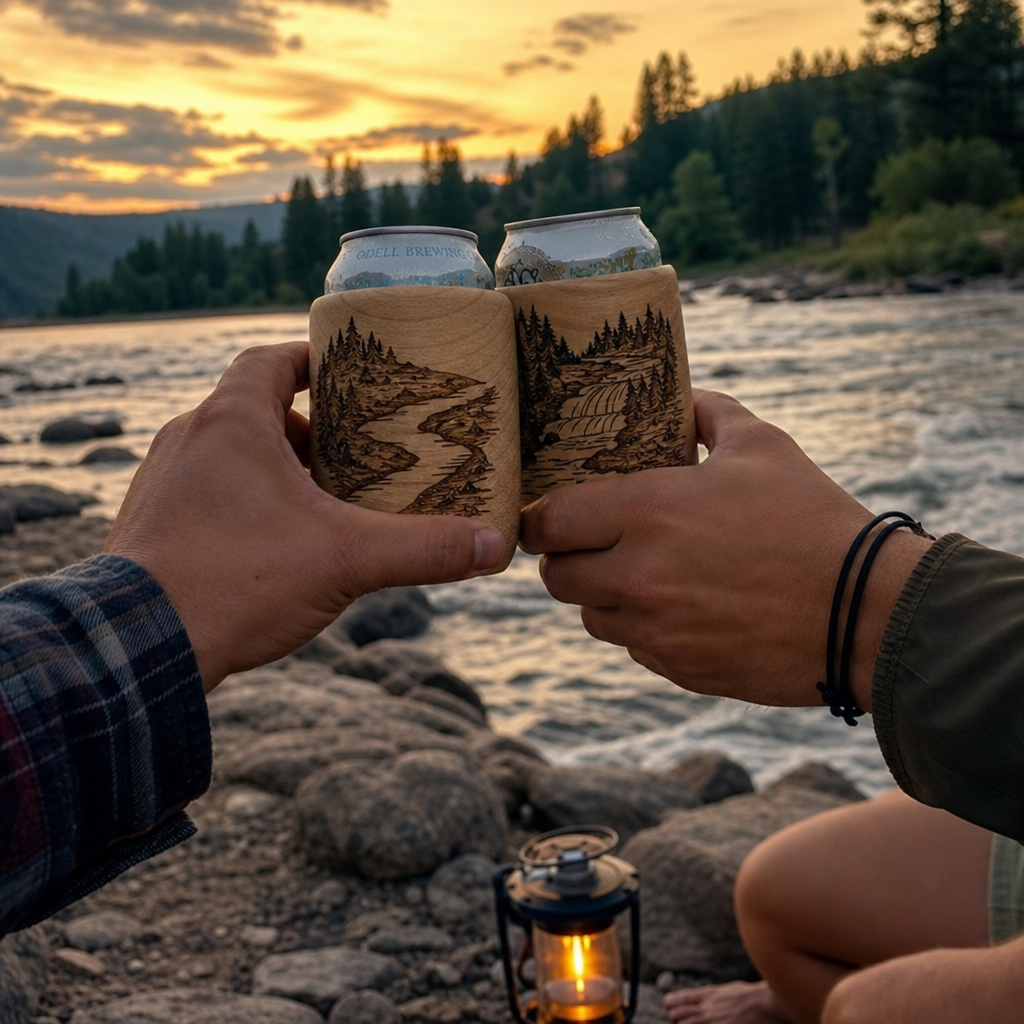 Two people toasting with wooden beer insulators by riverside at dusk