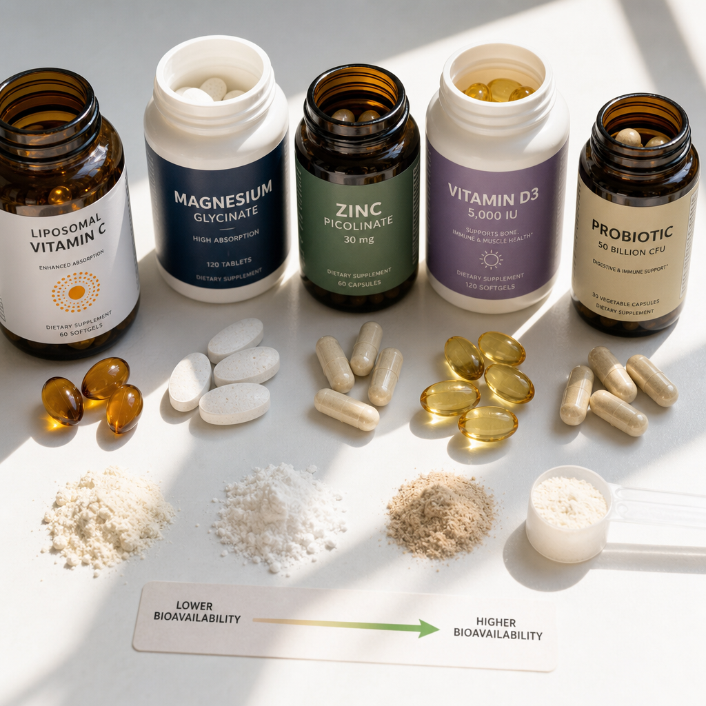 Various supplement forms including capsules, tablets, and powders arranged on a white surface