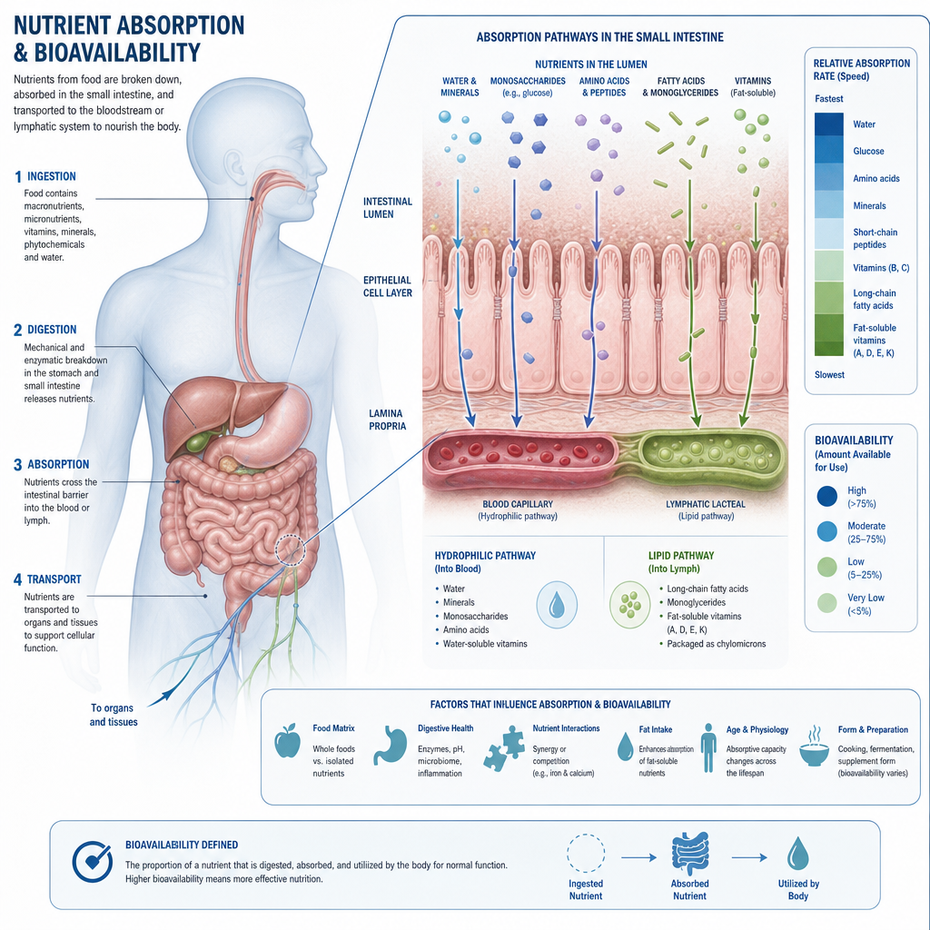 Medical illustration of human digestive system highlighting nutrient absorption pathways
