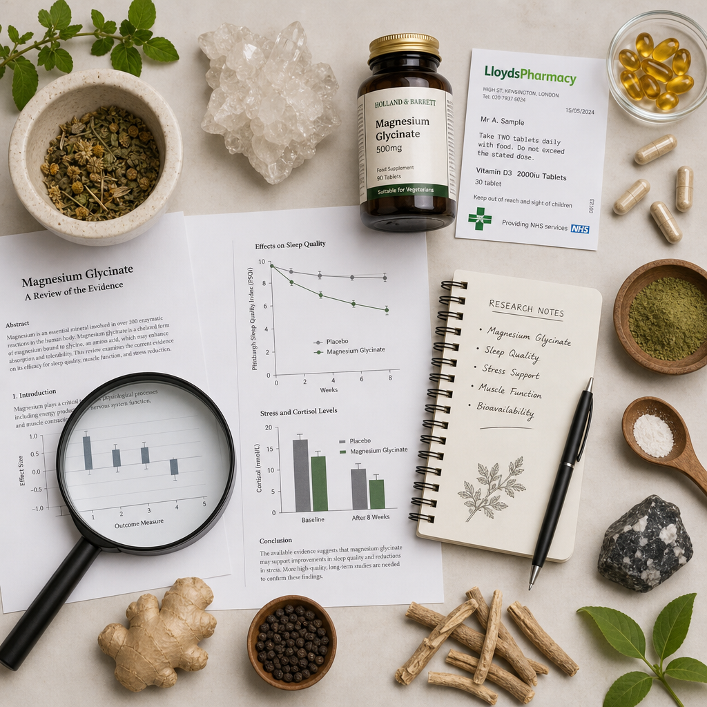 Research setup with magnifying glass, supplement labels, and ingredient materials on desk