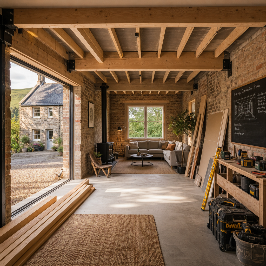 Interior view of a garage conversion in progress with construction work and natural light