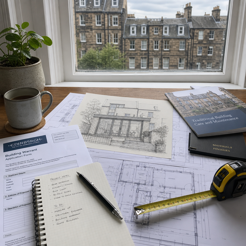 Planning documents and building permits laid out on a desk for garage conversion project