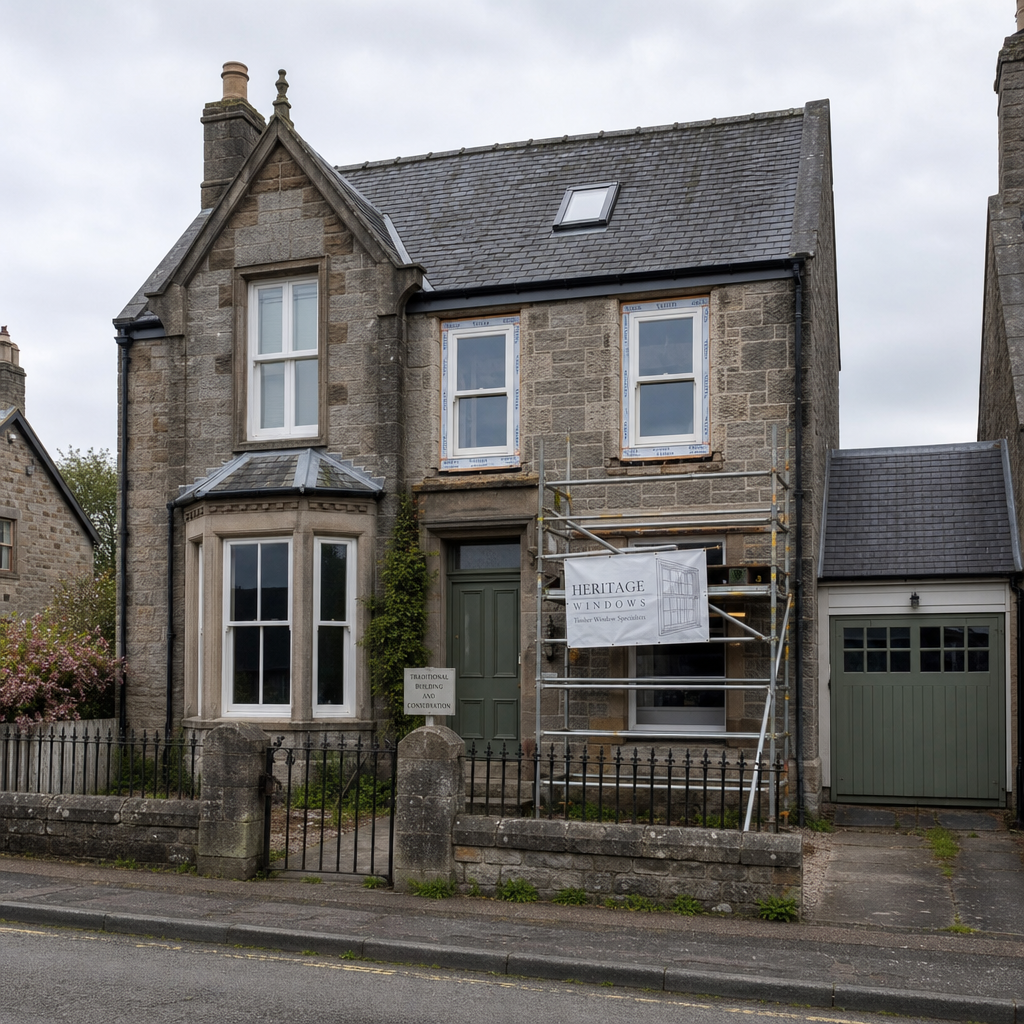 Front exterior of a Scottish stone house with garage conversion underway