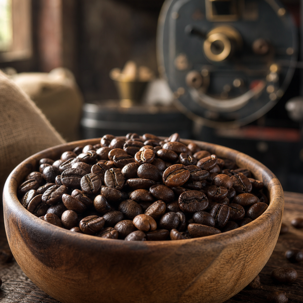 Close-up of dark roasted coffee beans in wooden bowl with natural lighting