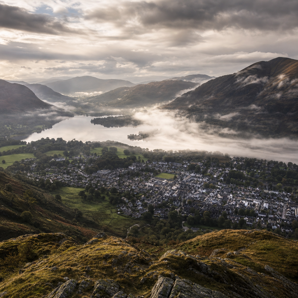 Aerial view of Lake District mountains and Kendal market town in valley