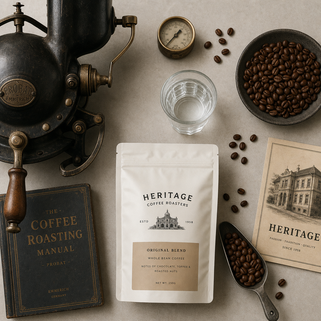 Flat-lay of vintage roasting equipment, coffee beans, and water glass representing Lake District coffee heritage