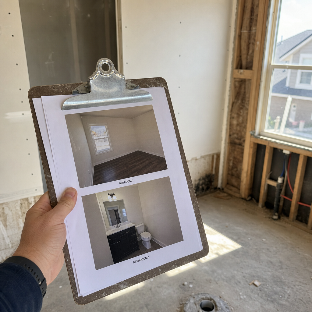 Builder reviewing photo documentation of construction defects on clipboard