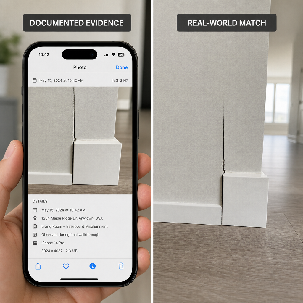Smartphone photo evidence compared to actual building defect in new home