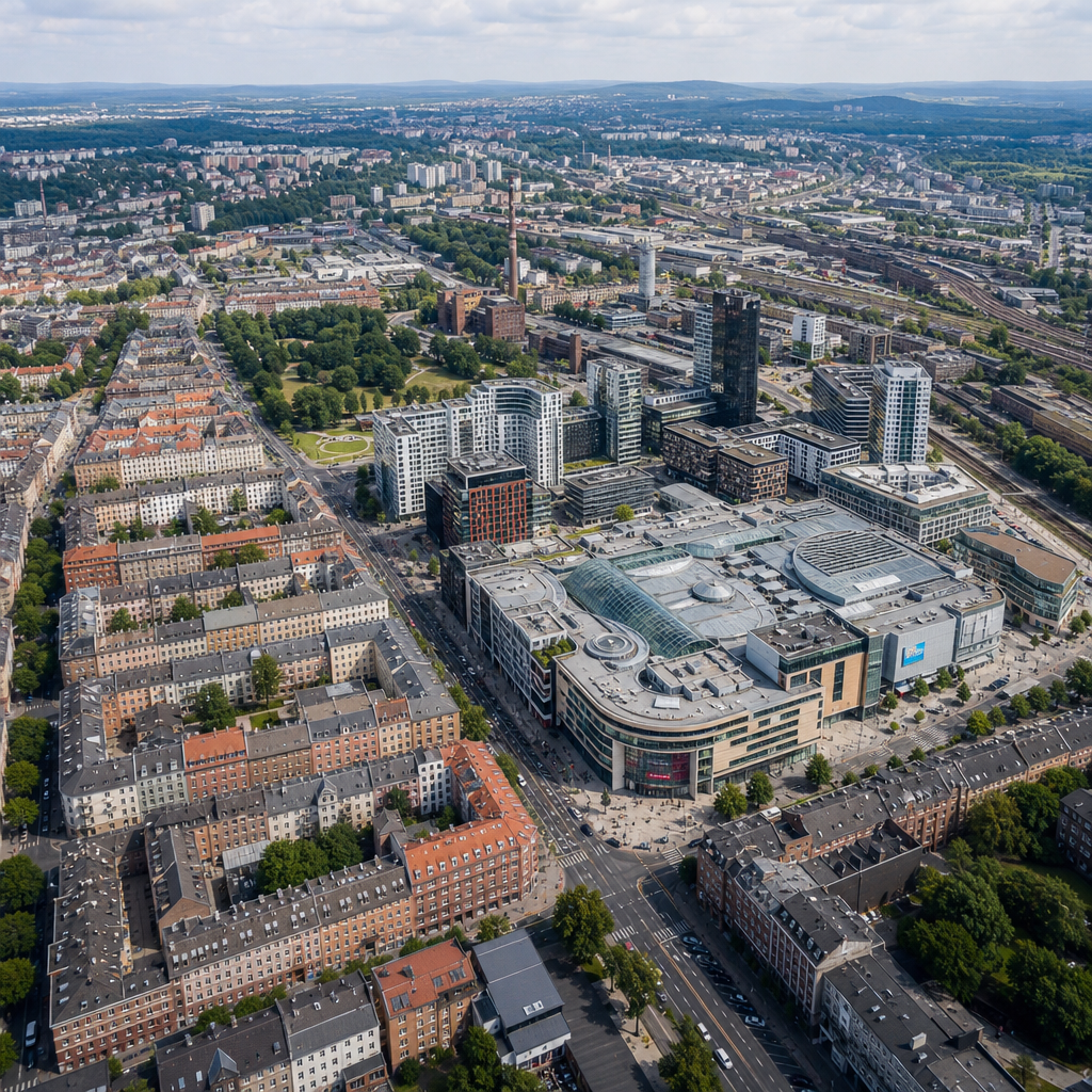 Widok z powietrza na centrum Łodzi, połączenie zabytkowych kamienic i nowoczesnej zabudowy, widok na całą strukturę miasta