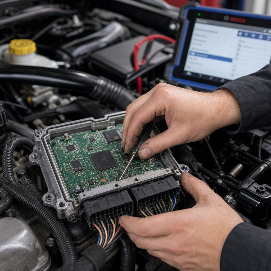 Technician working on an engine control unit during module programming