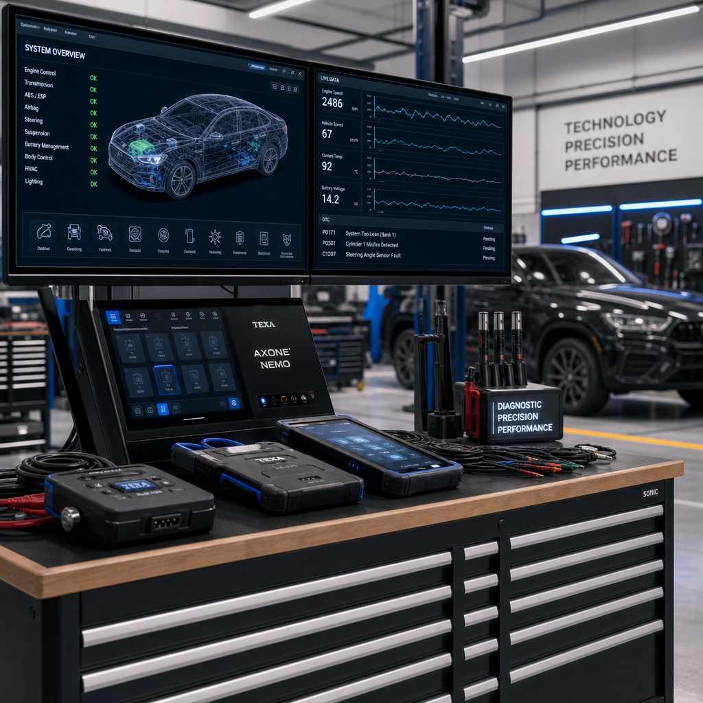 Advanced diagnostic equipment and computer systems in an automotive workshop
