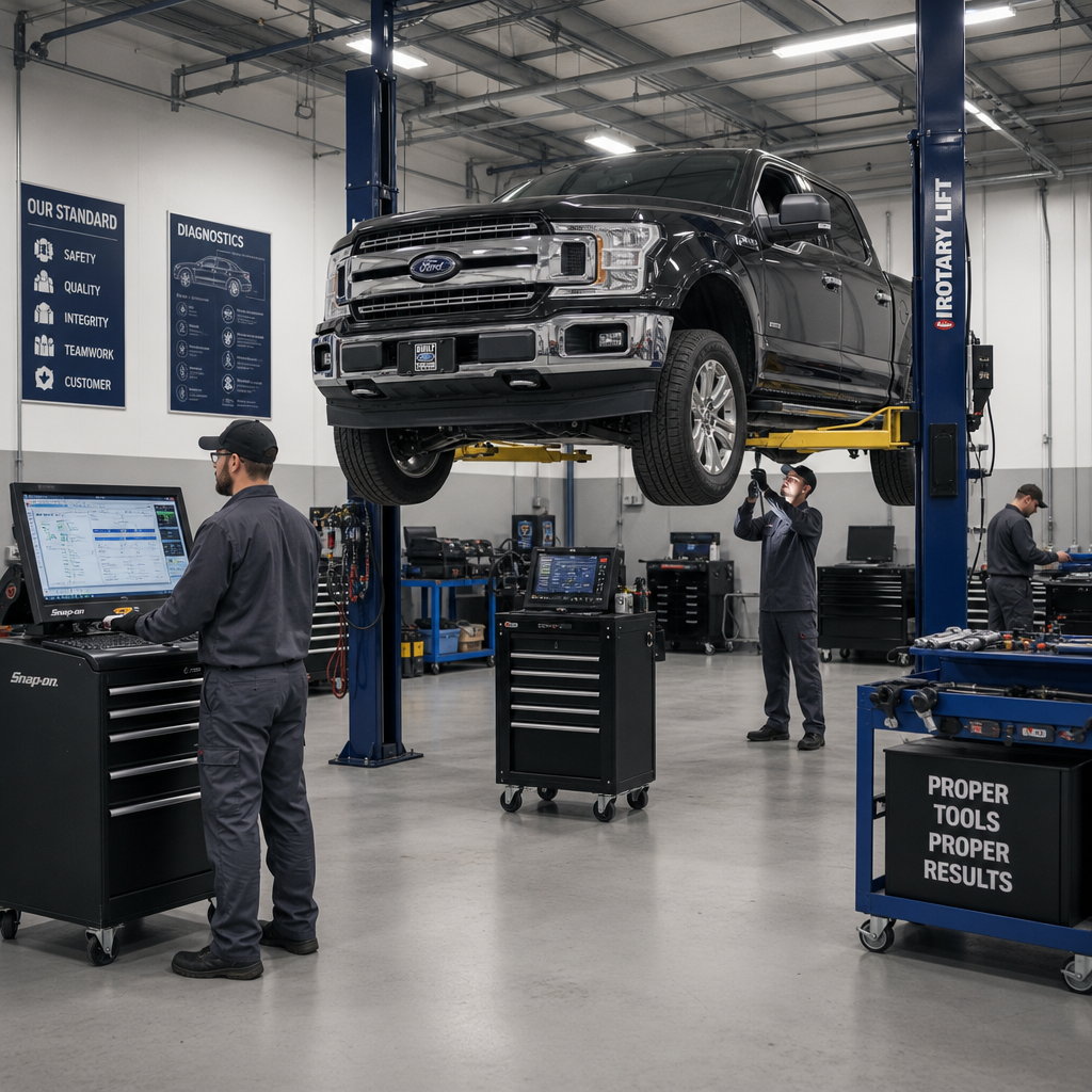 Vehicle on hoist undergoing module programming and diagnostic testing in workshop