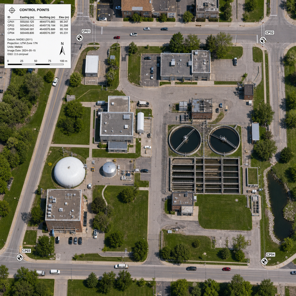 Luftfoto fra drone af kommunal infrastruktur med præcise georefereringspunkter