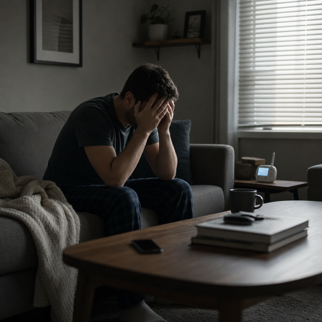 Father sitting alone on couch showing signs of exhaustion and emotional strain