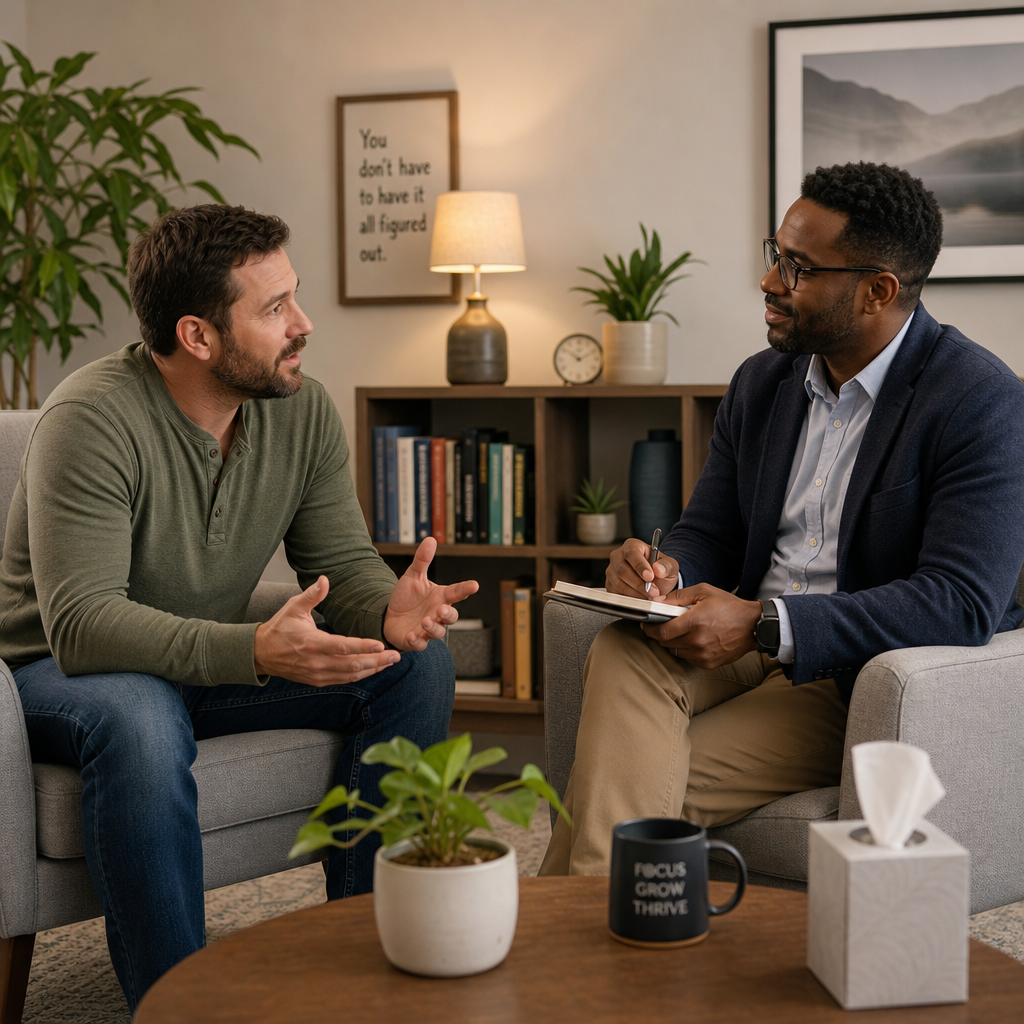 Father in a supportive counseling session with a mental health professional