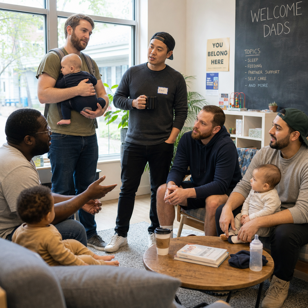 Group of new fathers supporting each other in casual community gathering