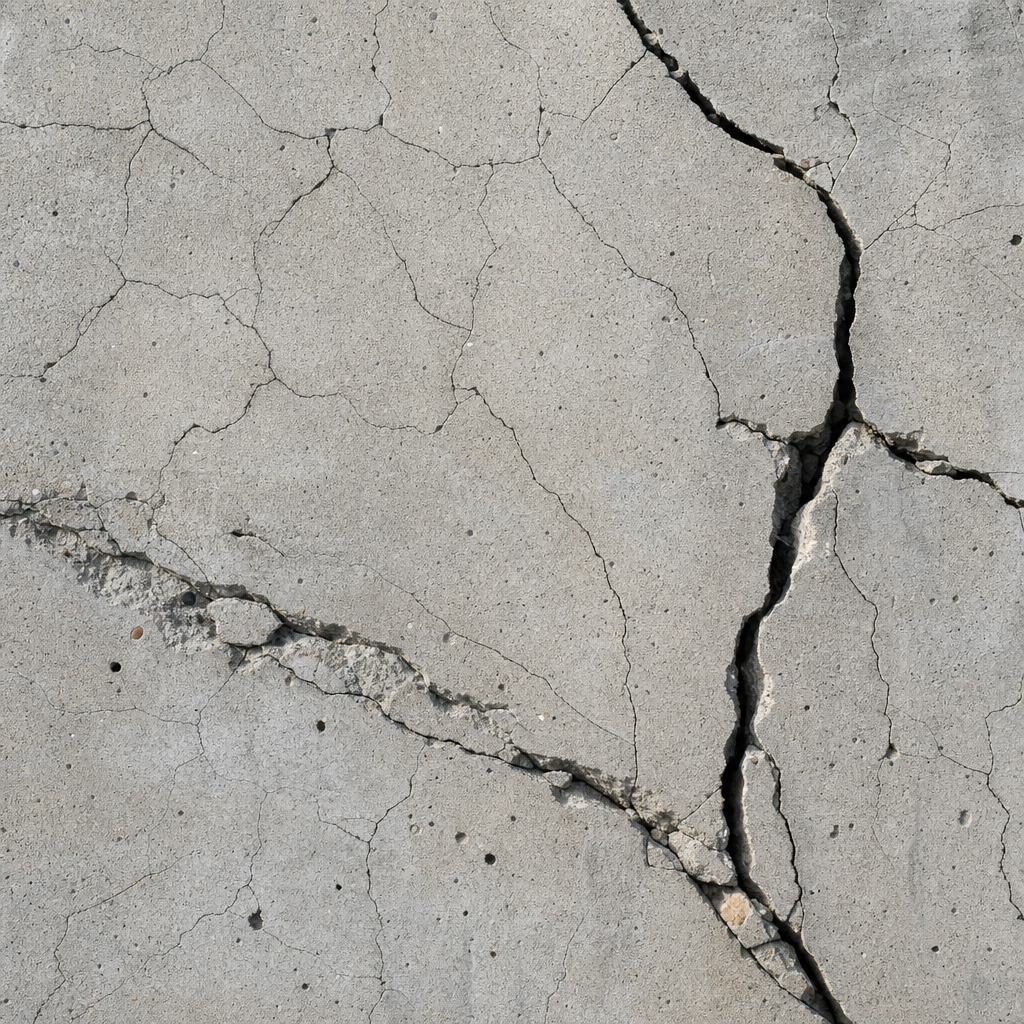 Gros plan de fissures sur une surface en béton montrant différentes largeurs et profondeurs