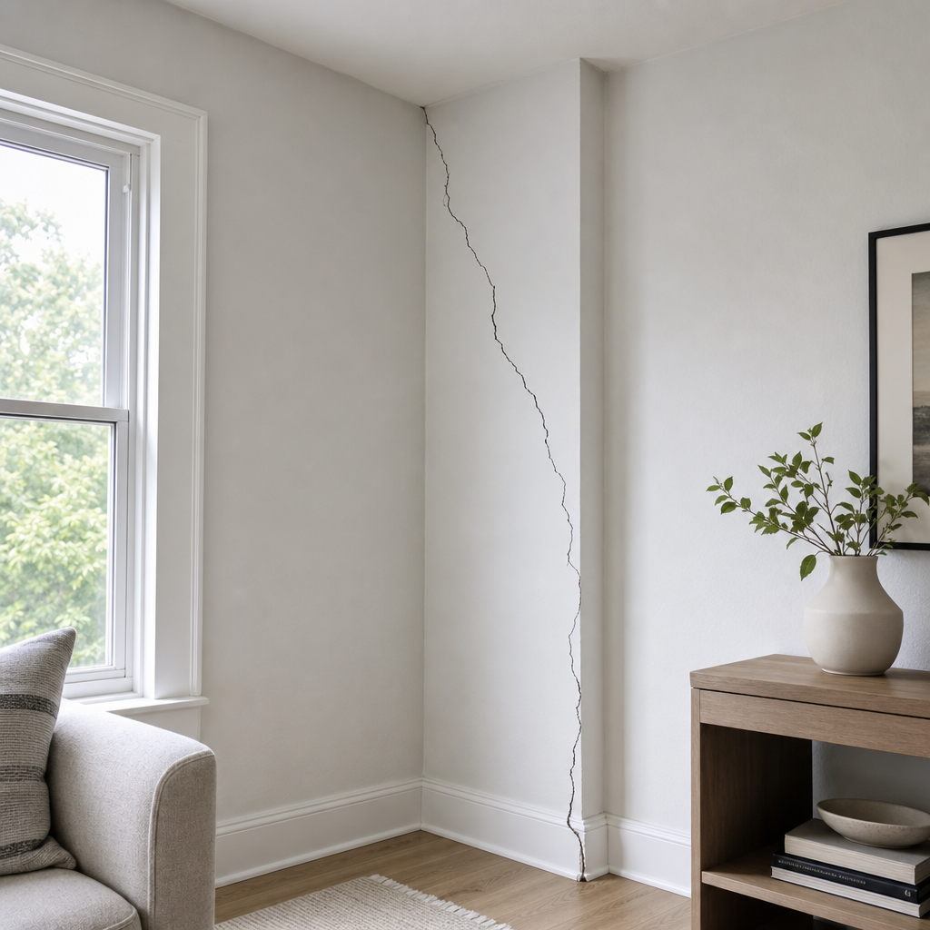 Fissure diagonale sur un mur blanc d'intérieur partant du plafond vers le sol