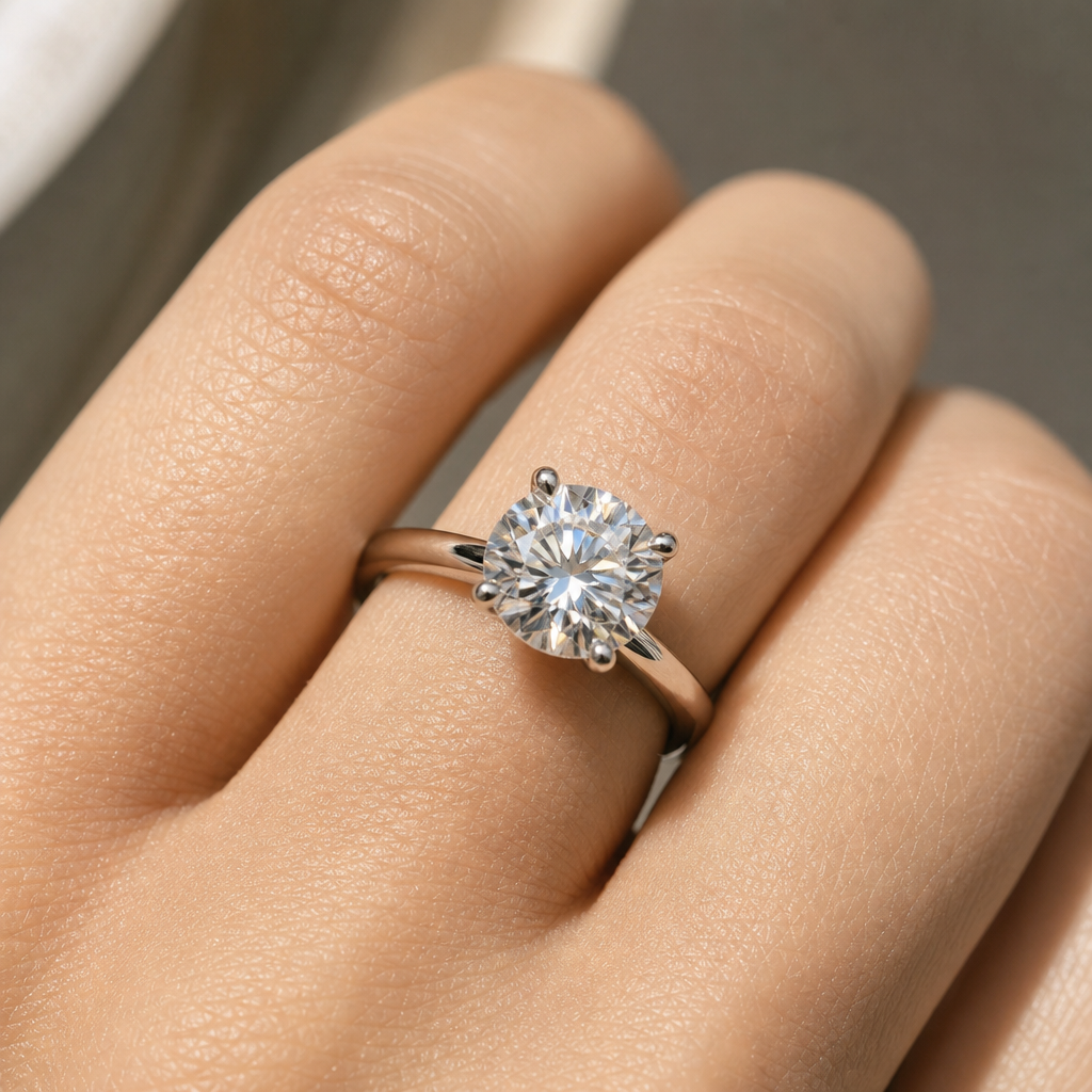 Lab-grown diamond solitaire engagement ring sparkling on a woman's hand in natural light