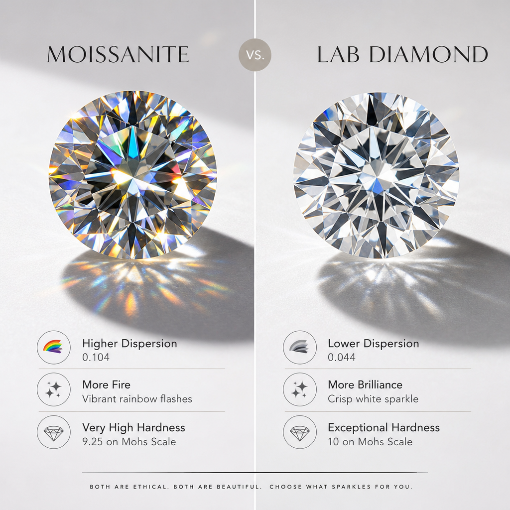 Side-by-side comparison of moissanite and lab diamond stones under professional jewelry lighting