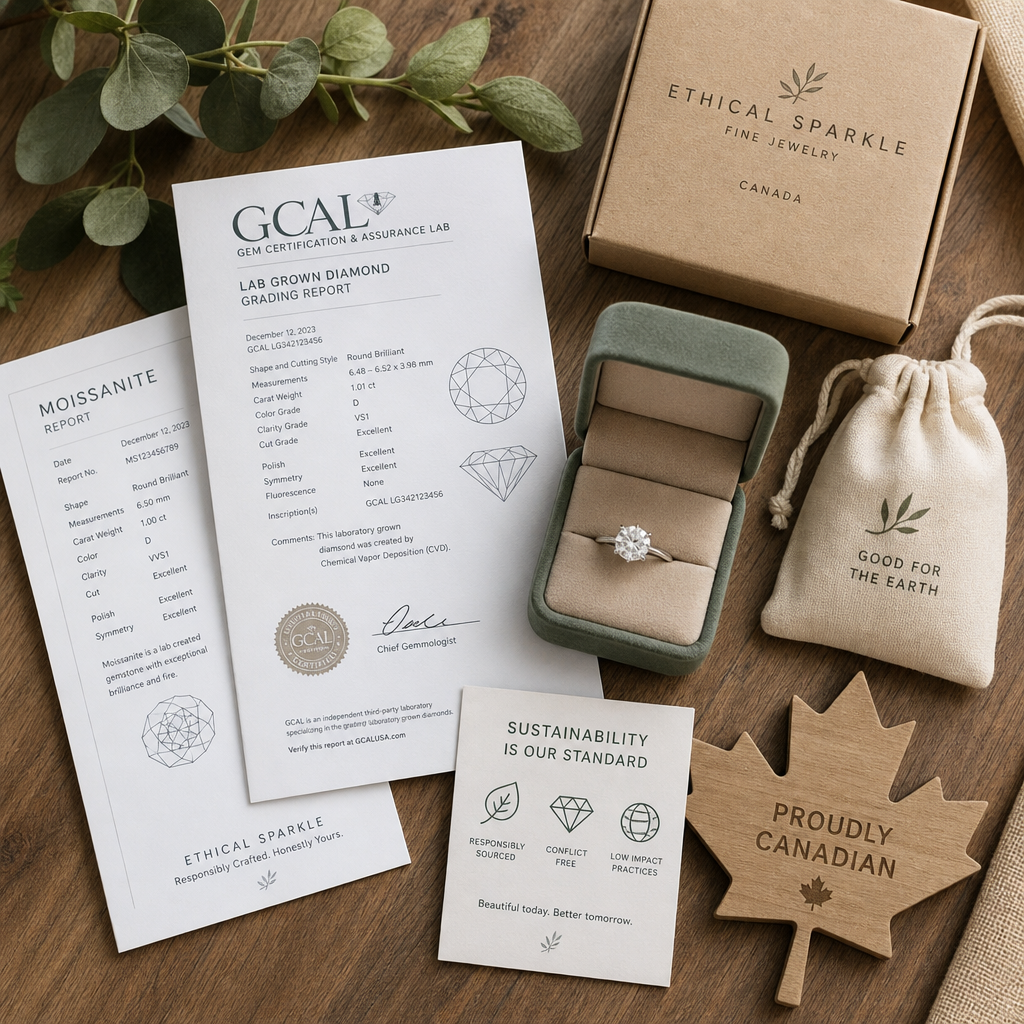 Flat-lay arrangement of ethical jewelry sourcing documents, lab-grown diamond, and sustainable packaging materials