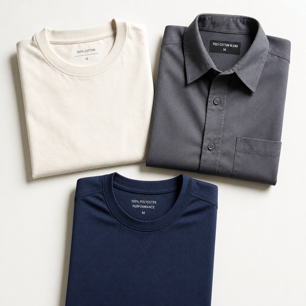 Three folded garments showcasing different fabric types used in DTF printing