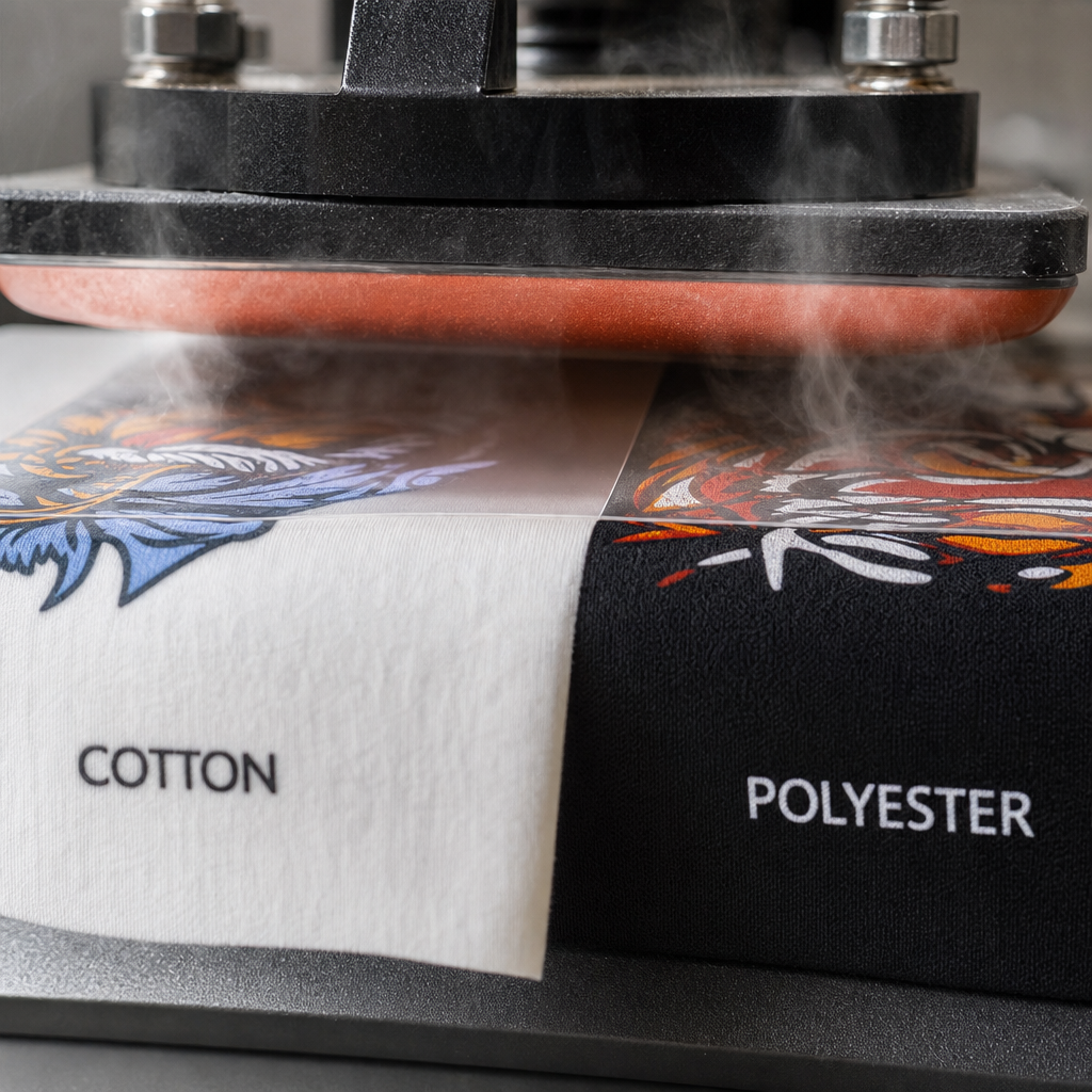 Heat press transferring DTF design onto fabric swatches