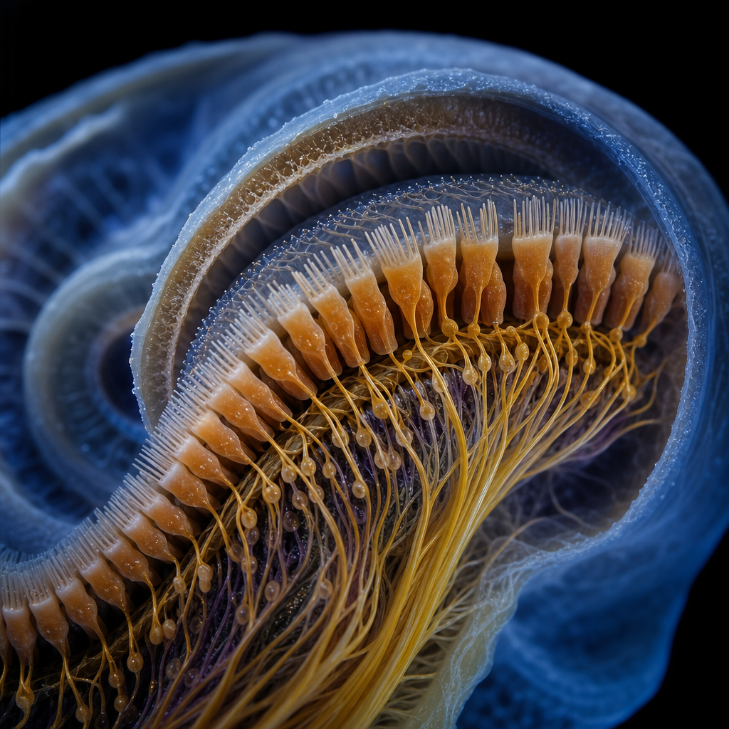 Detailed macro view of cochlear hair cells in the inner ear