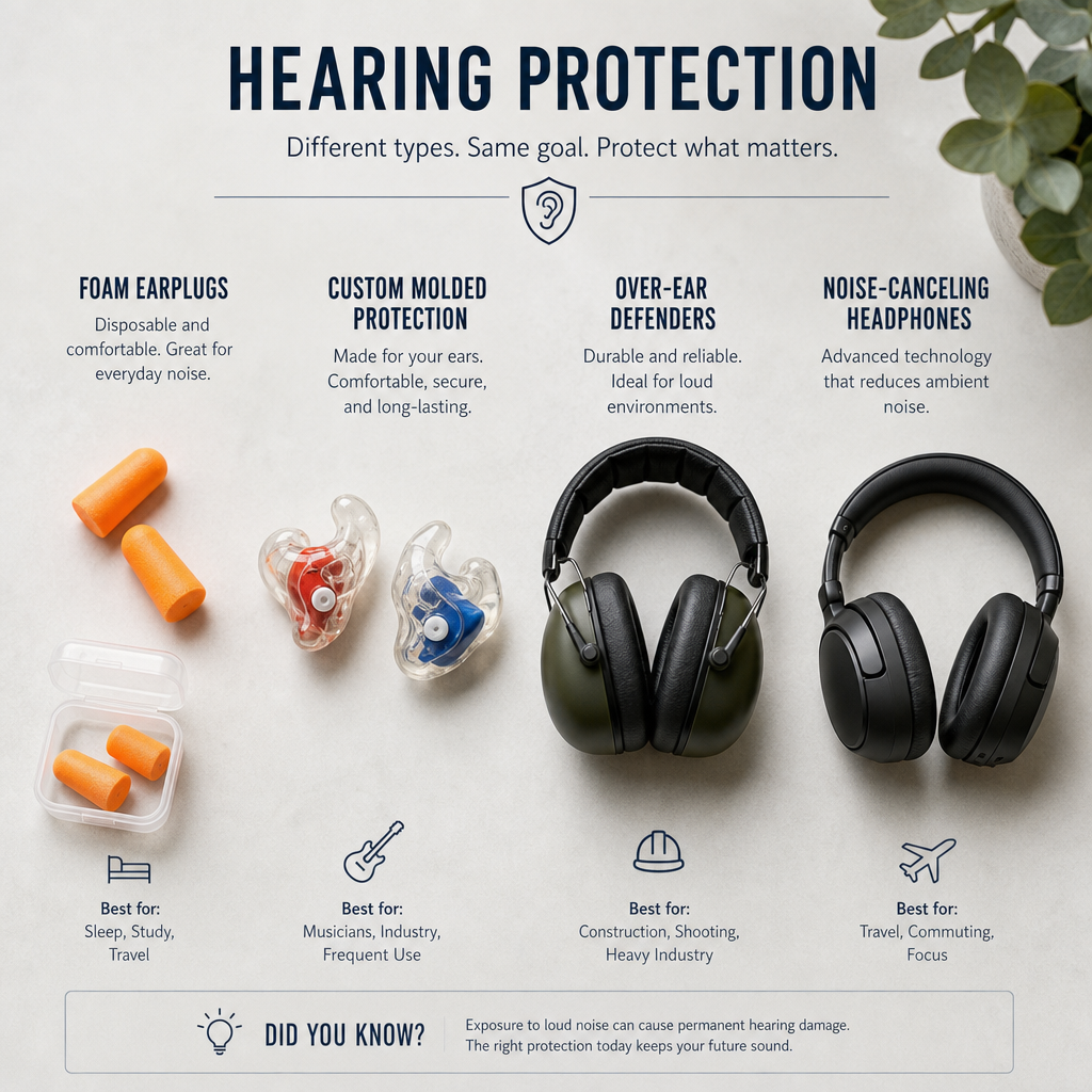 Collection of different hearing protection devices displayed side by side
