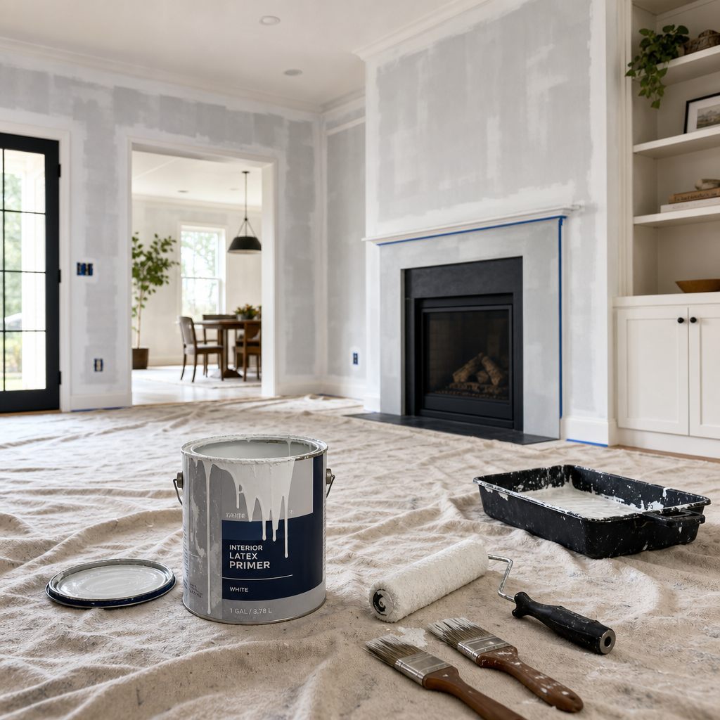 Interior room prepared with primer coating and painting supplies ready