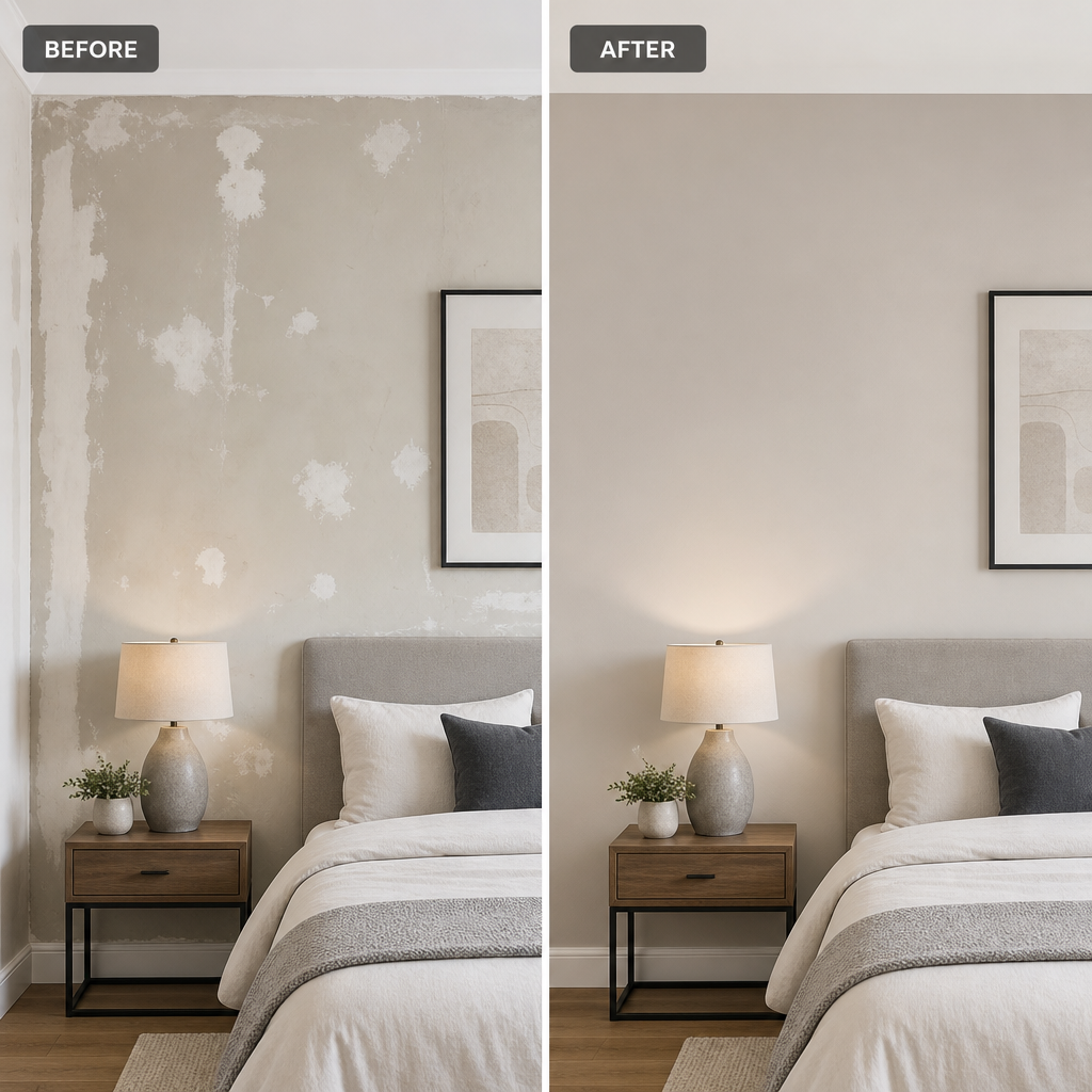 Before and after comparison of wall quality showing impact of proper preparation