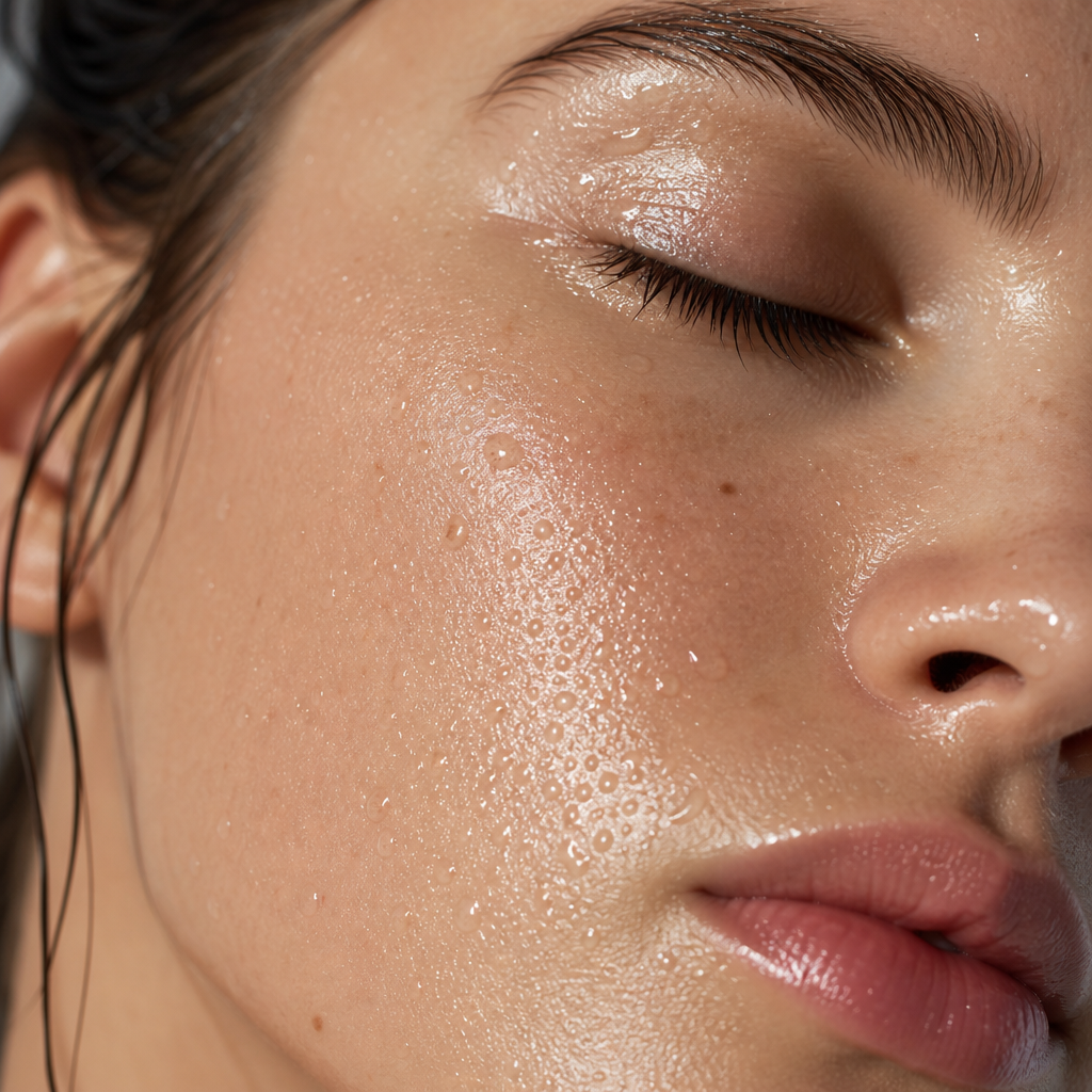 Close-up of glowing, hydrated skin with visible moisture and radiance
