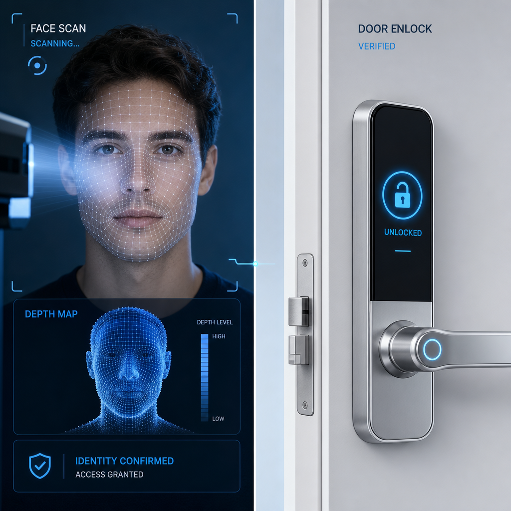 Face recognition scan with depth mapping visualization and door unlock mechanism