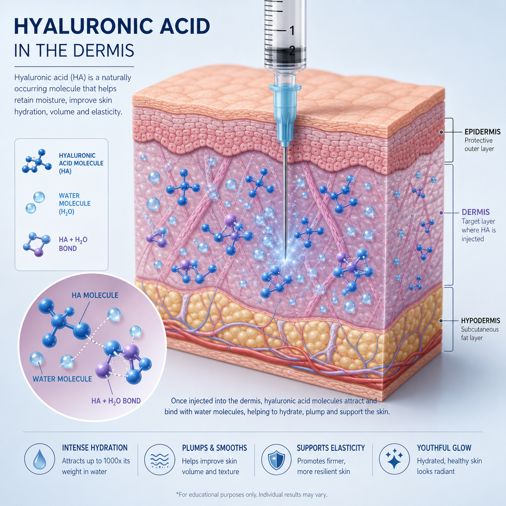 Scientific illustration of hyaluronic acid injection penetrating skin layers