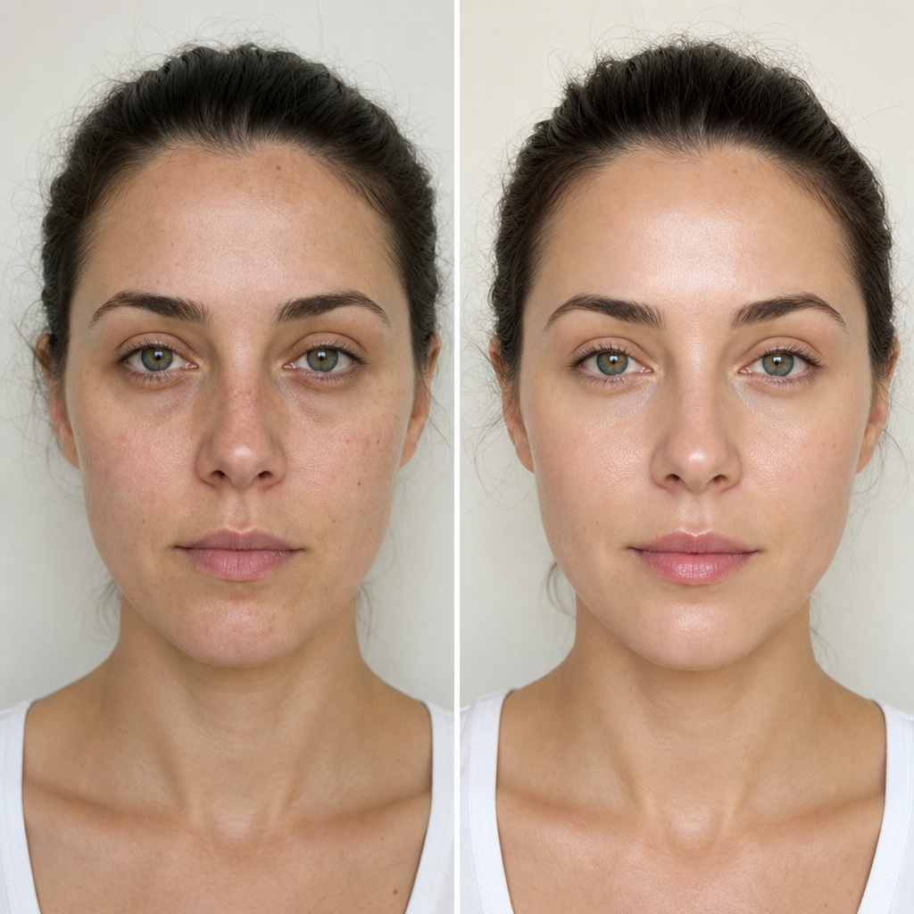 Skin transformation comparison showing improved hydration and radiance