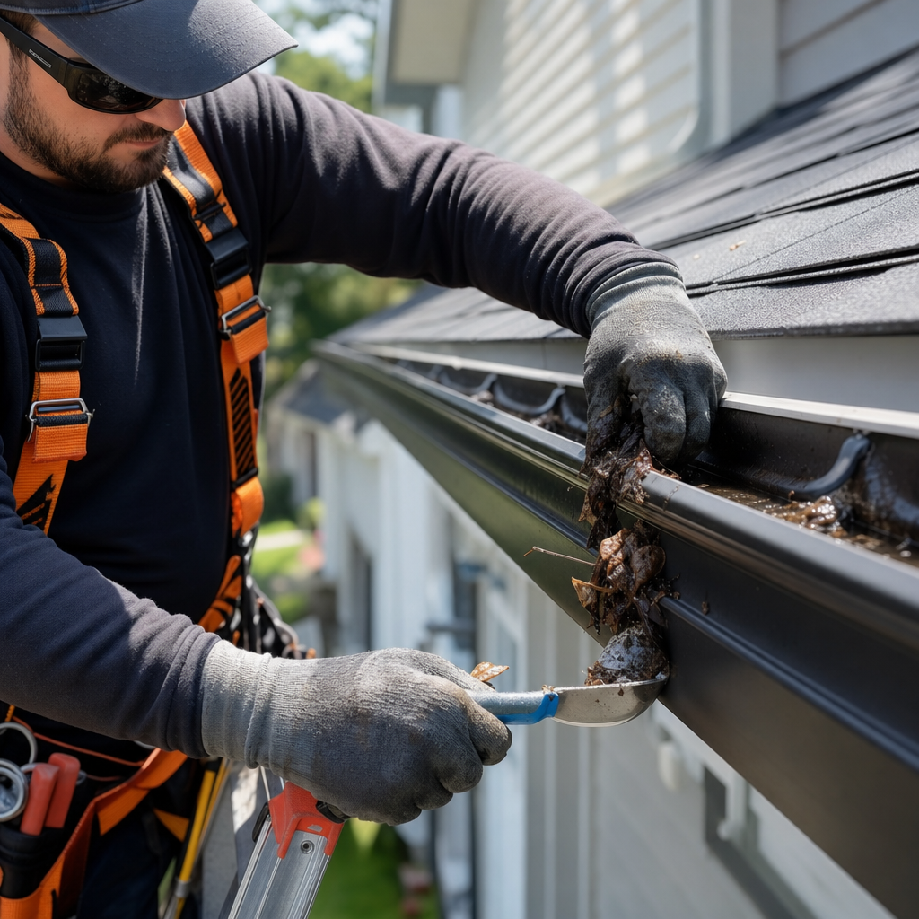 Professional eavestrough cleaning service in progress with worker on ladder