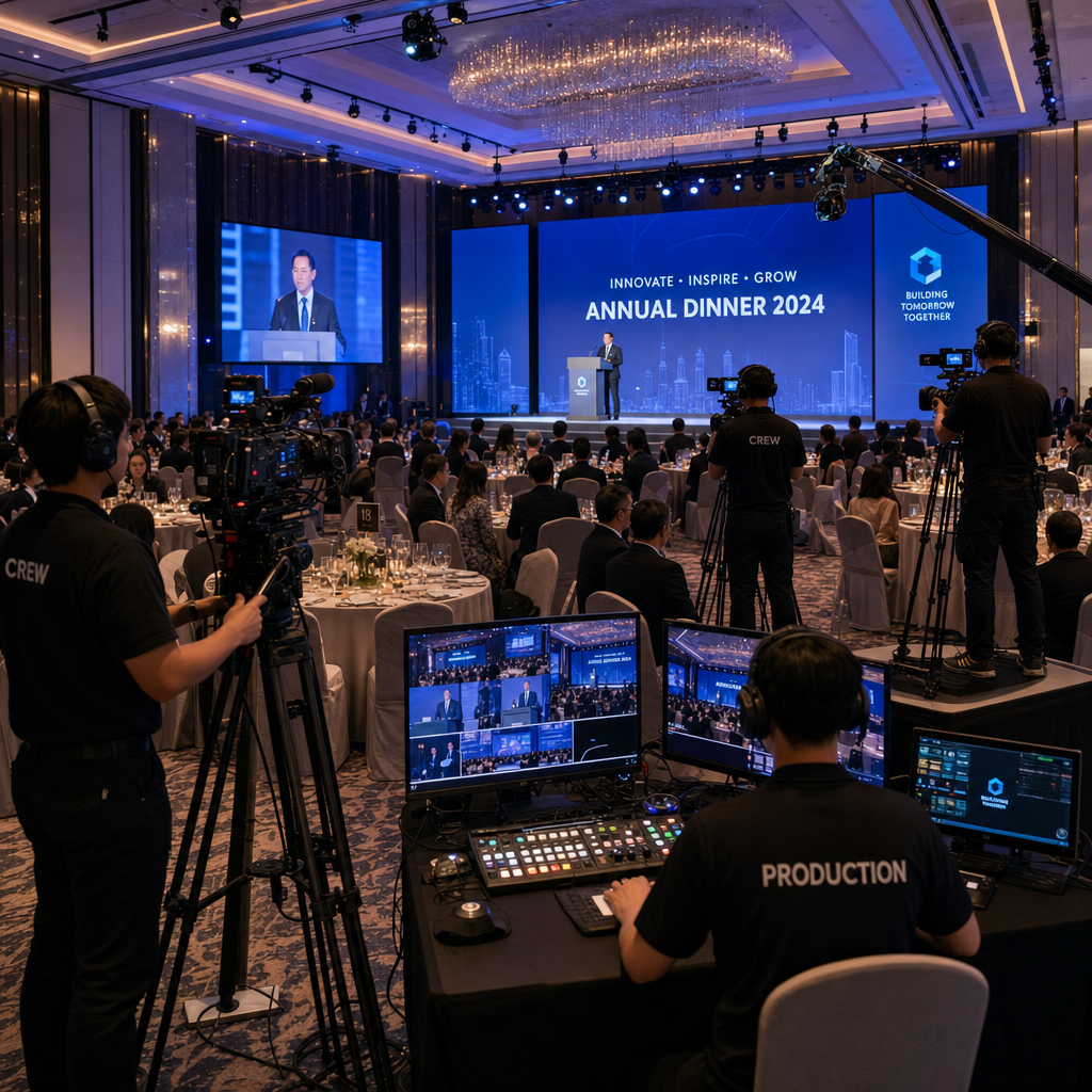 Multi-camera production setup at a corporate annual dinner with professional cinematography equipment