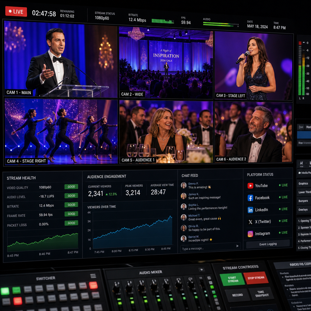 Live production control room monitoring multiple camera feeds from a corporate event broadcast