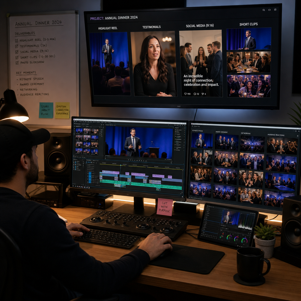 Video editor extracting and organizing multiple content assets from corporate event coverage footage