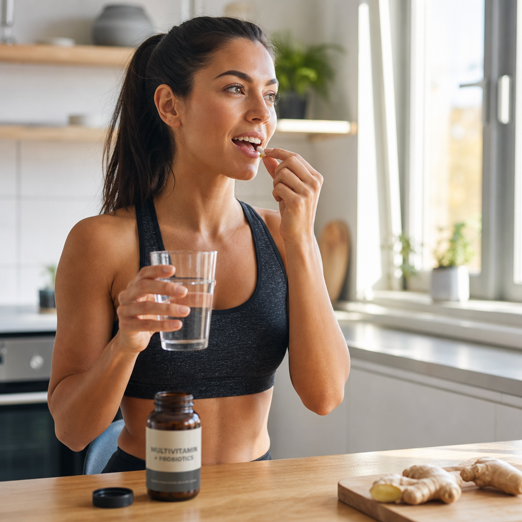 Active adult taking a ginseng multivitamin supplement in the morning with fresh ingredients