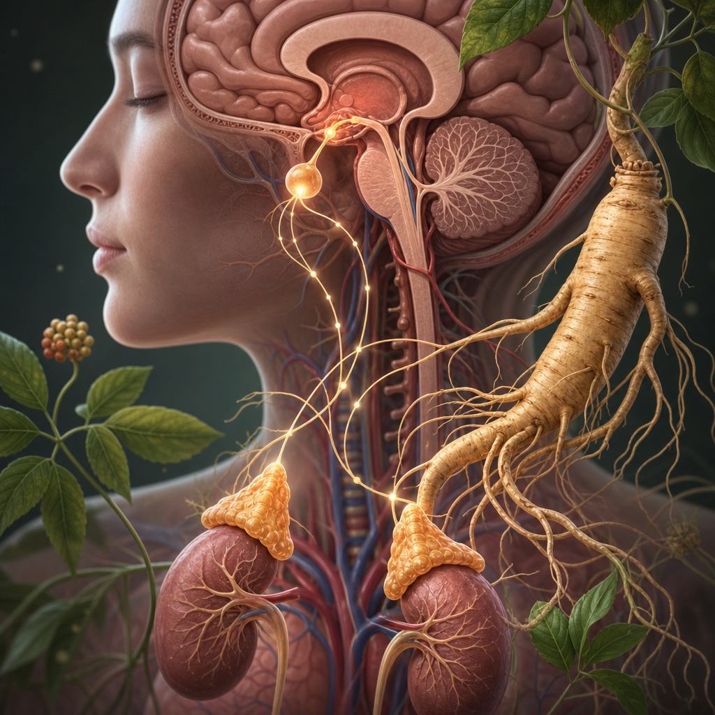 Scientific illustration of the hypothalamic-pituitary-adrenal axis and ginseng's adaptogenic function